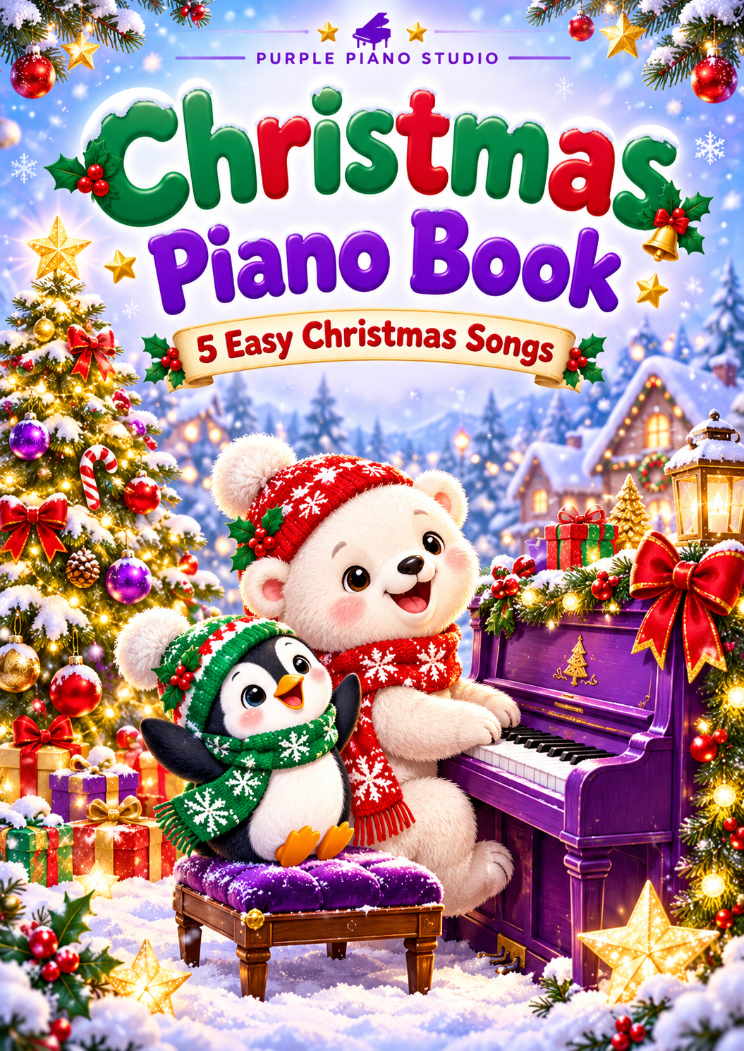 Richly colourful Christmas Piano Book cover with a bear, penguin, purple piano and sparkling Christmas tree